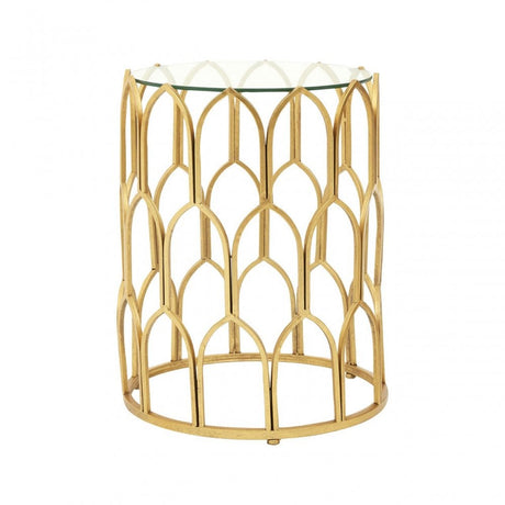 Merlin Gold Leaf Side Table, Tempered Glass, Iron, Gold