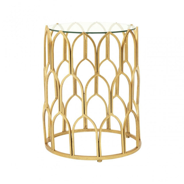 Merlin Gold Leaf Side Table, Tempered Glass, Iron, Gold