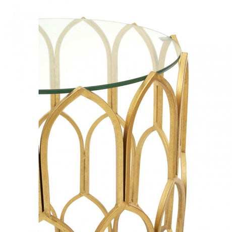 Merlin Gold Leaf Side Table, Tempered Glass, Iron, Gold