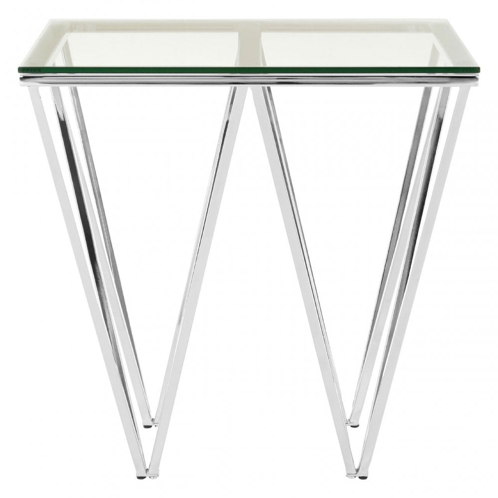 Enrich Chrome End Table with Triangular Base, Tempered Glass
