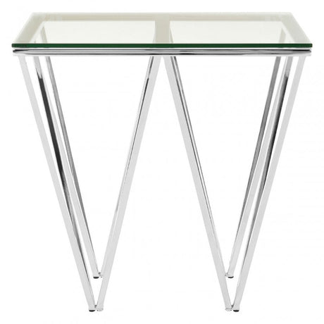 Enrich Chrome End Table with Triangular Base, Tempered Glass