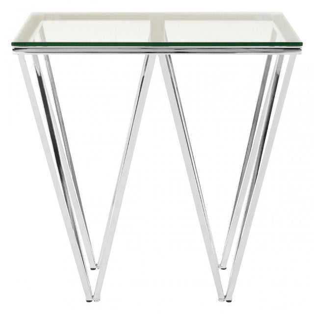 Enrich Chrome End Table with Triangular Base, Tempered Glass