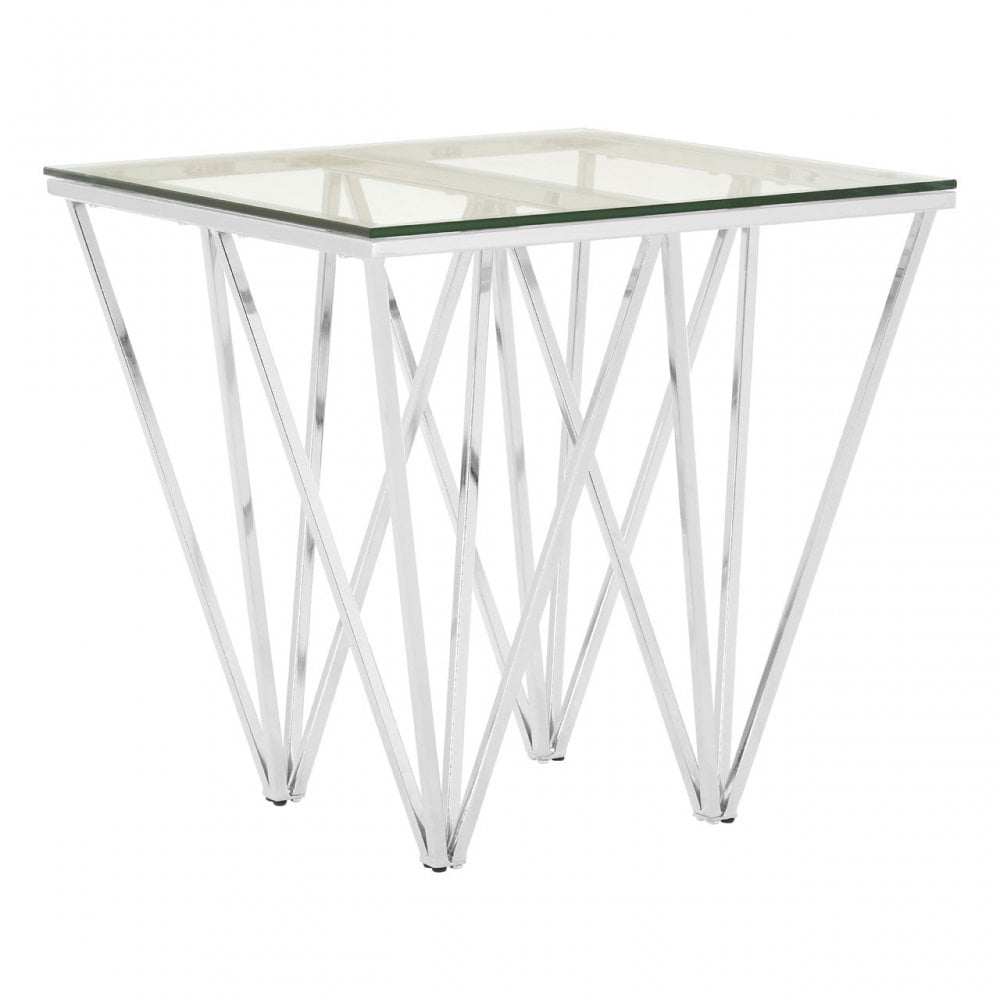 Enrich Chrome End Table with Triangular Base, Tempered Glass