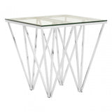 Enrich Chrome End Table with Triangular Base, Tempered Glass