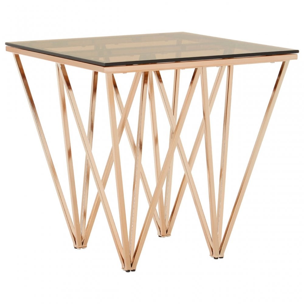 Enrich Square Champagne Triangular End Table, Tempered Glass, Gold