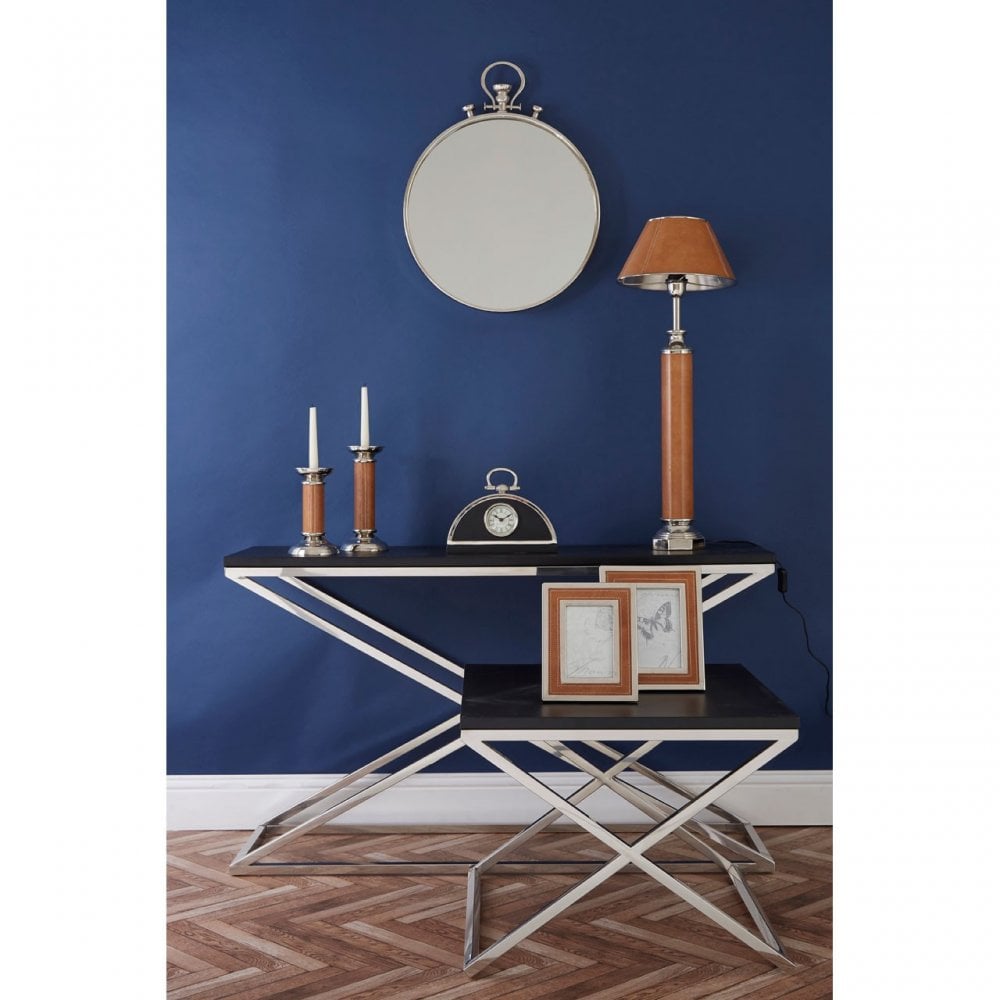 Tribute End Table, Leather, Stainless Steel, Black