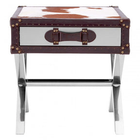 Brown / White Genuine Cowhide 1 Drawer Table, Cowhide, Stainless Steel, Brown