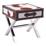 Brown / White Genuine Cowhide 1 Drawer Table, Cowhide, Stainless Steel, Brown