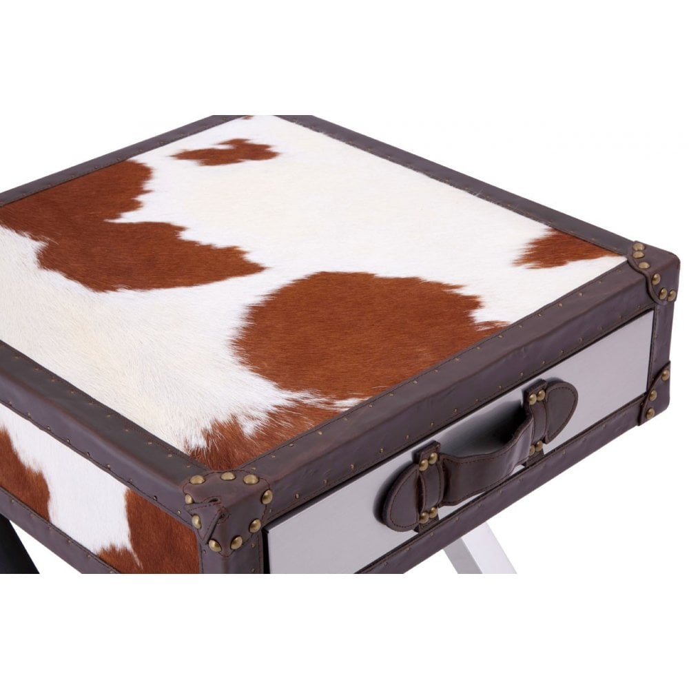 Brown / White Genuine Cowhide 1 Drawer Table, Cowhide, Stainless Steel, Brown