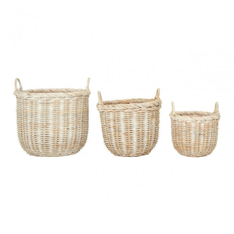 Ratallio Set Of 3 Kubu Rattan Laundry Baskets, Kubu Rattan, White