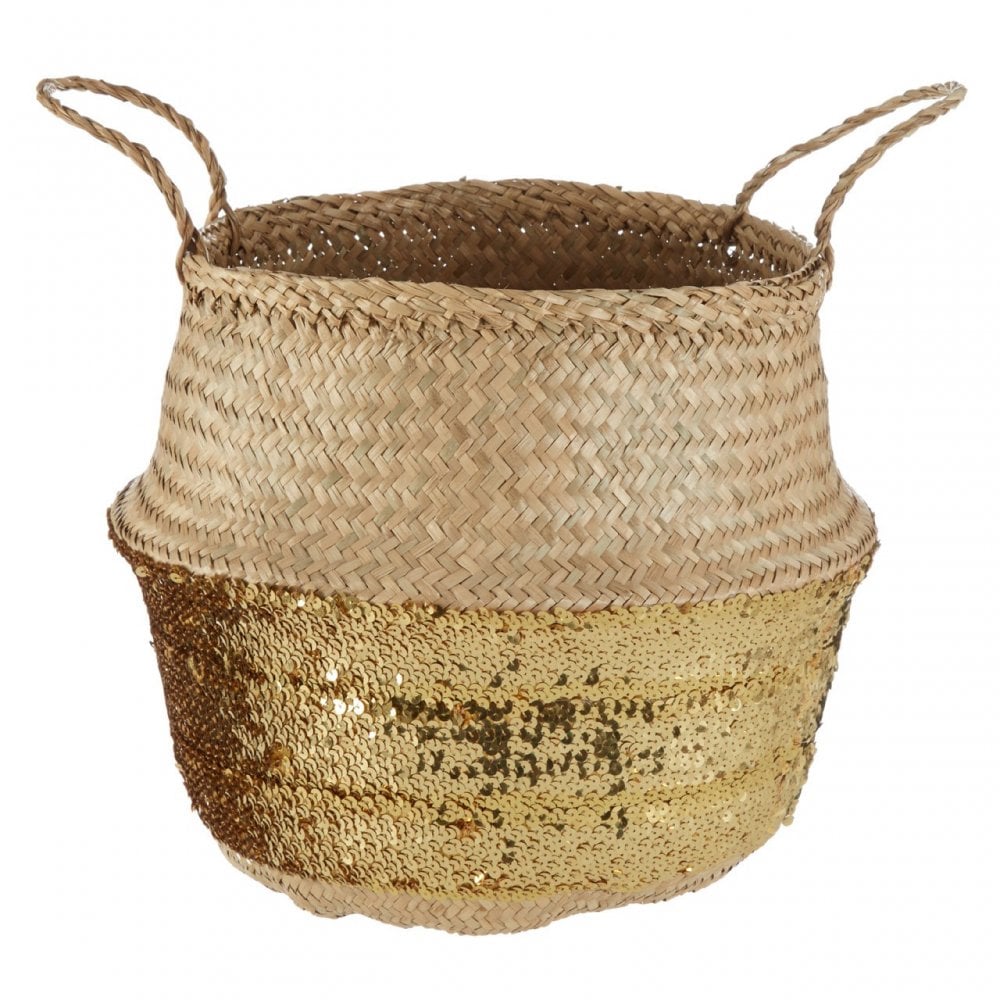 Gold Sequin Large Seagrass Basket, Seagrass, Natural