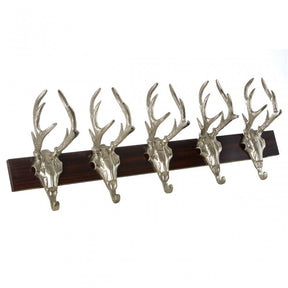 5 Stag Head Hanger, Aluminium, Nickel, Wood, Brown
