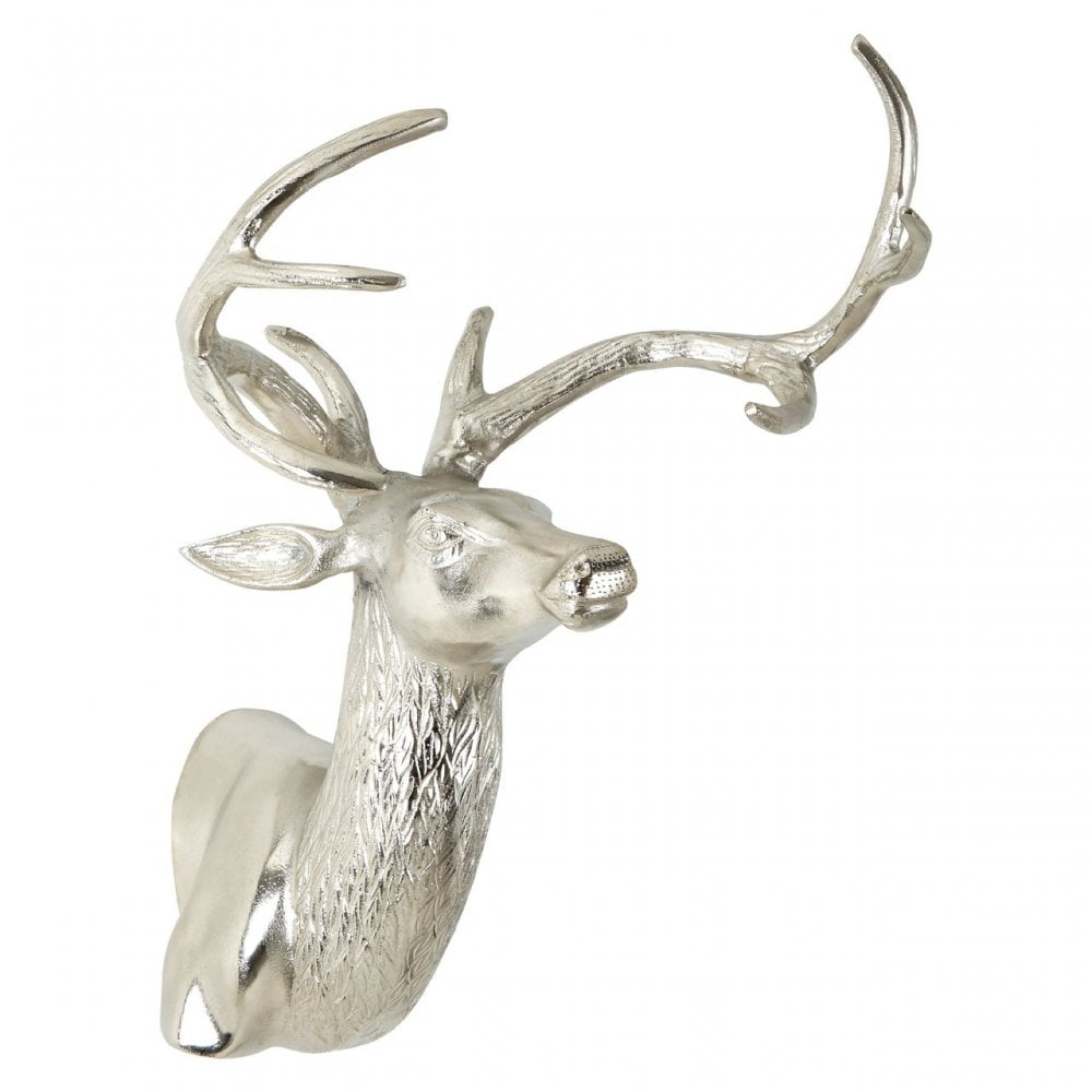 Wall Mounted Stag with Curved Antlers, Aluminium, Nickel, Silver