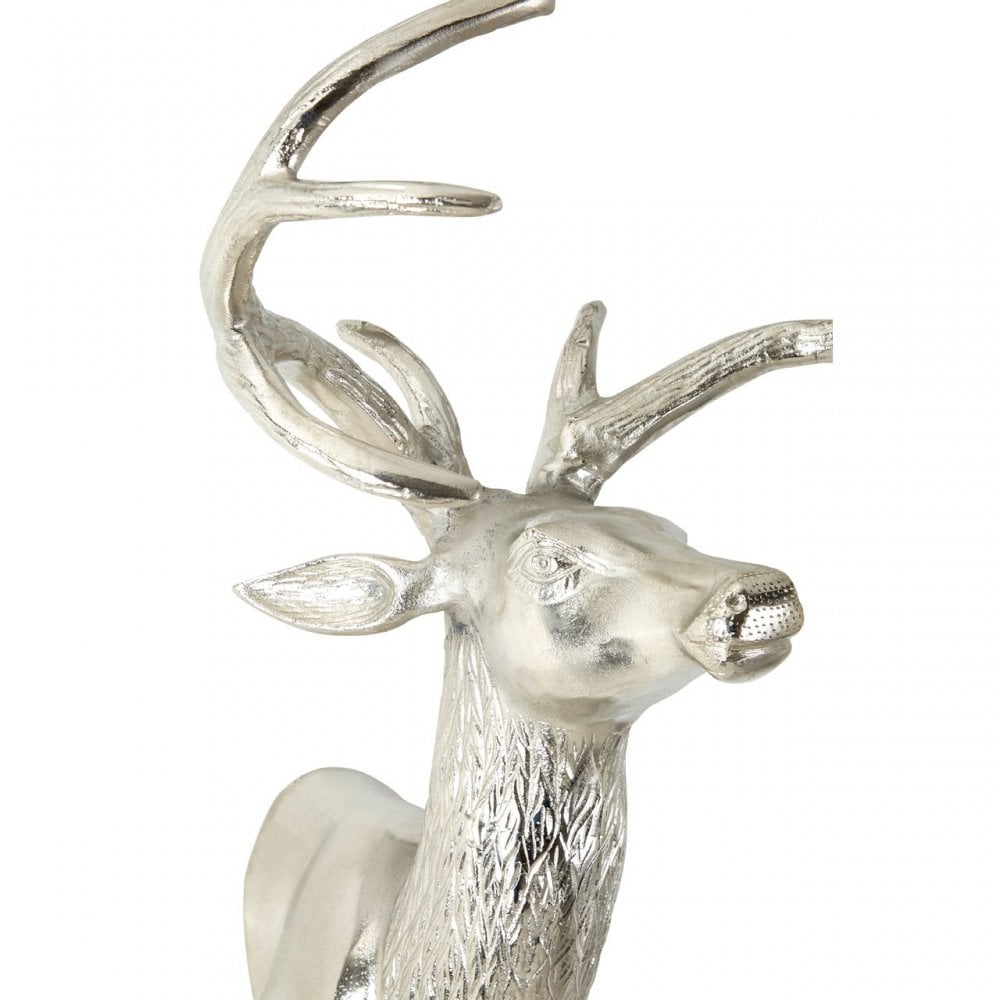 Wall Mounted Stag with Curved Antlers, Aluminium, Nickel, Silver