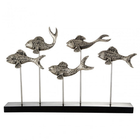 Complements School of Fish Sculpture, Aluminium, Iron, Mango Wood, Silver