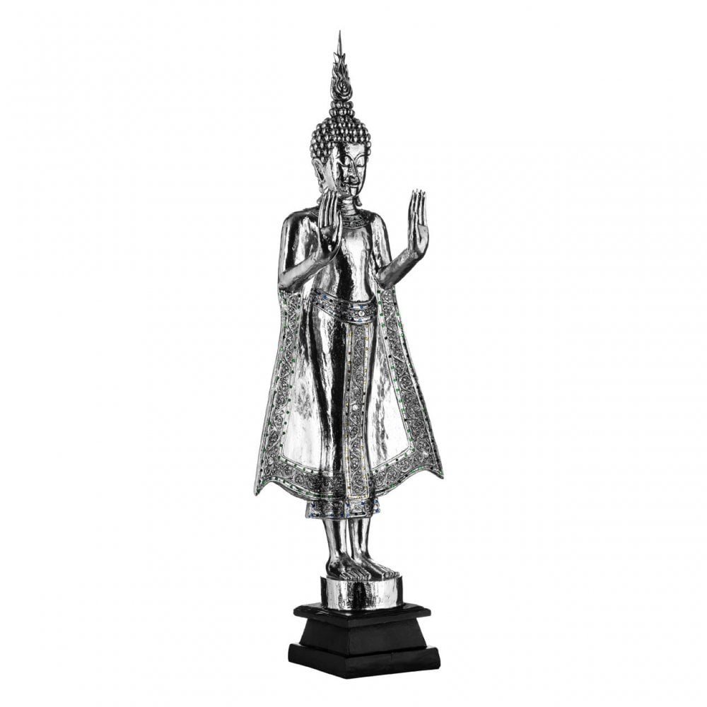 Buddha Sculpture, Polyresin, Silver