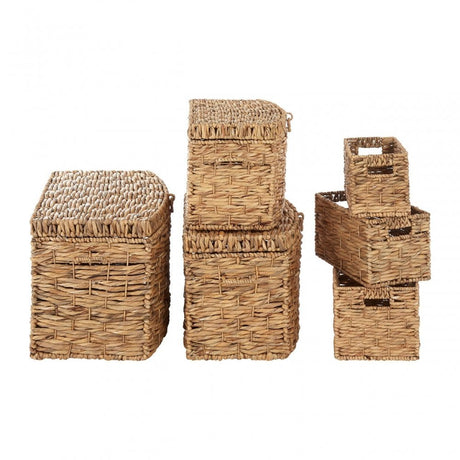 Brown Washed Storage Baskets Set of 6. Iron, Water Hyacinth, Natural