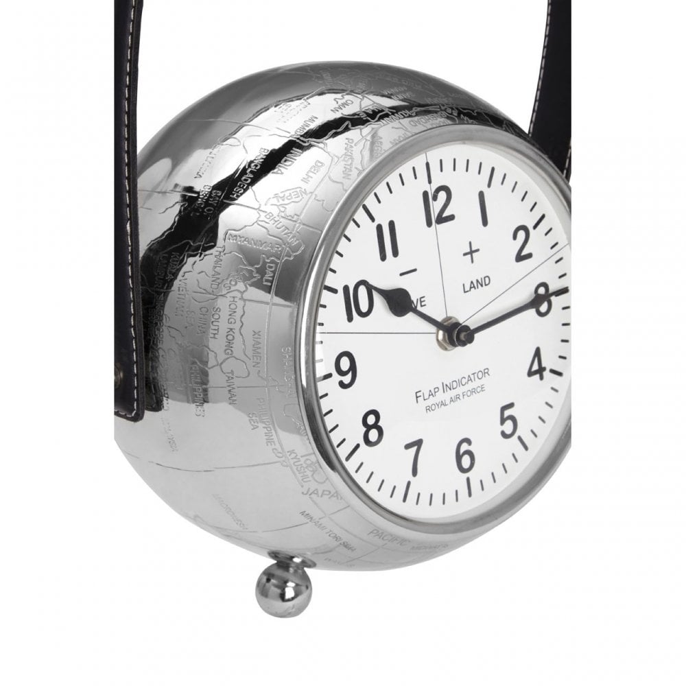 Globe Large Table Clock, Aluminium, Leather, Glass, Steel, Silver