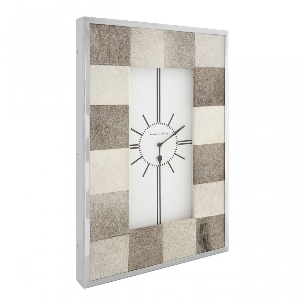 Tuskin Patchwork Wall Clock, Cowhide, Stainless Steel, Grey