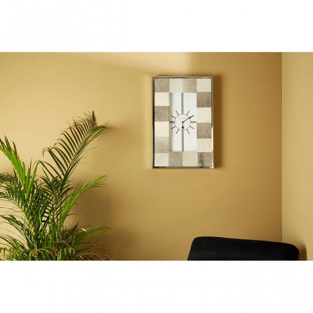 Tuskin Patchwork Wall Clock, Cowhide, Stainless Steel, Grey