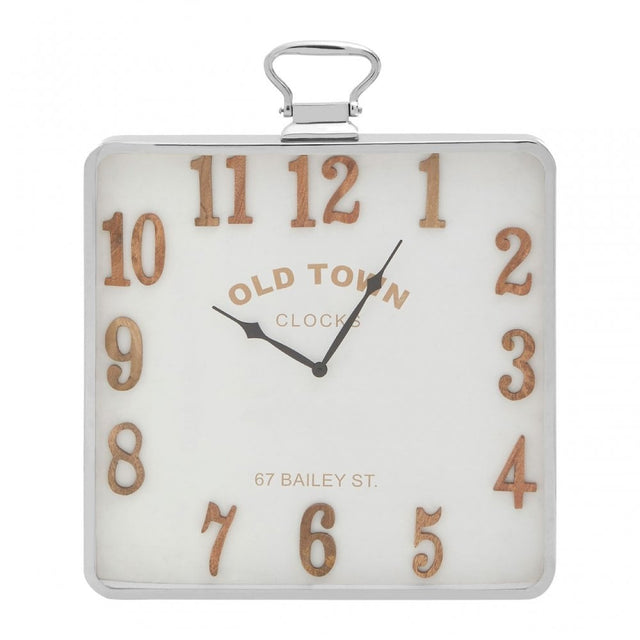 Townhouse Pocket Style Square Wall Clock, Aluminium, Wood, White