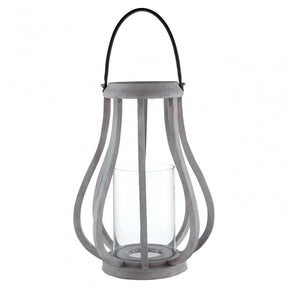 Jain Curved Wood Lantern, Leather, Glass, Mango Wood