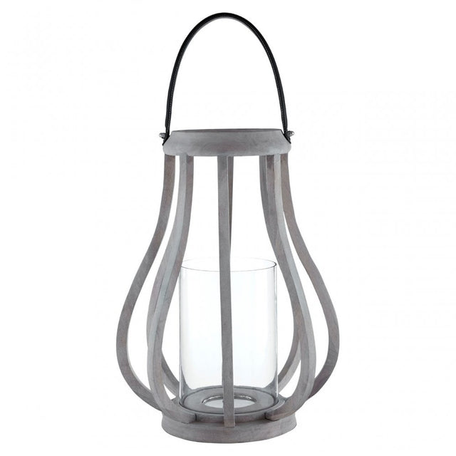 Jain Curved Wood Lantern, Leather, Glass, Mango Wood