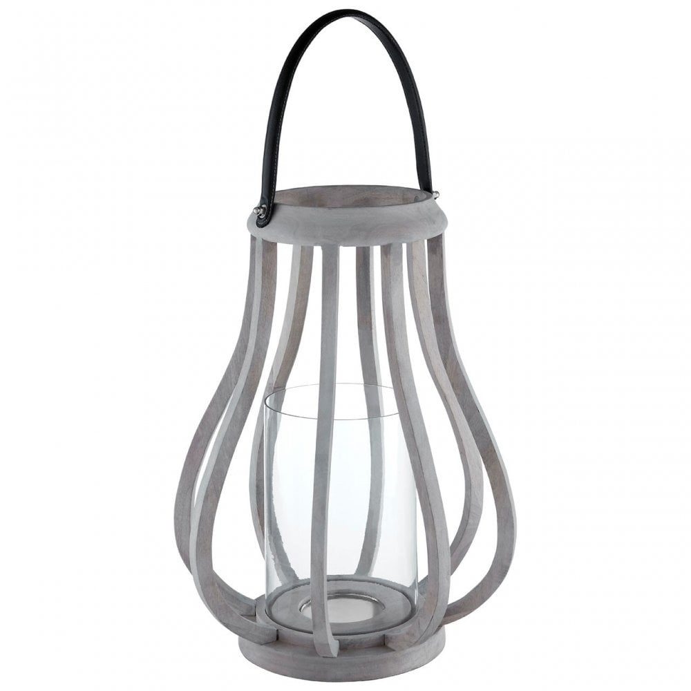 Jain Curved Wood Lantern, Leather, Glass, Mango Wood