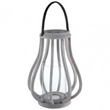 Jain Curved Wood Lantern, Leather, Glass, Mango Wood
