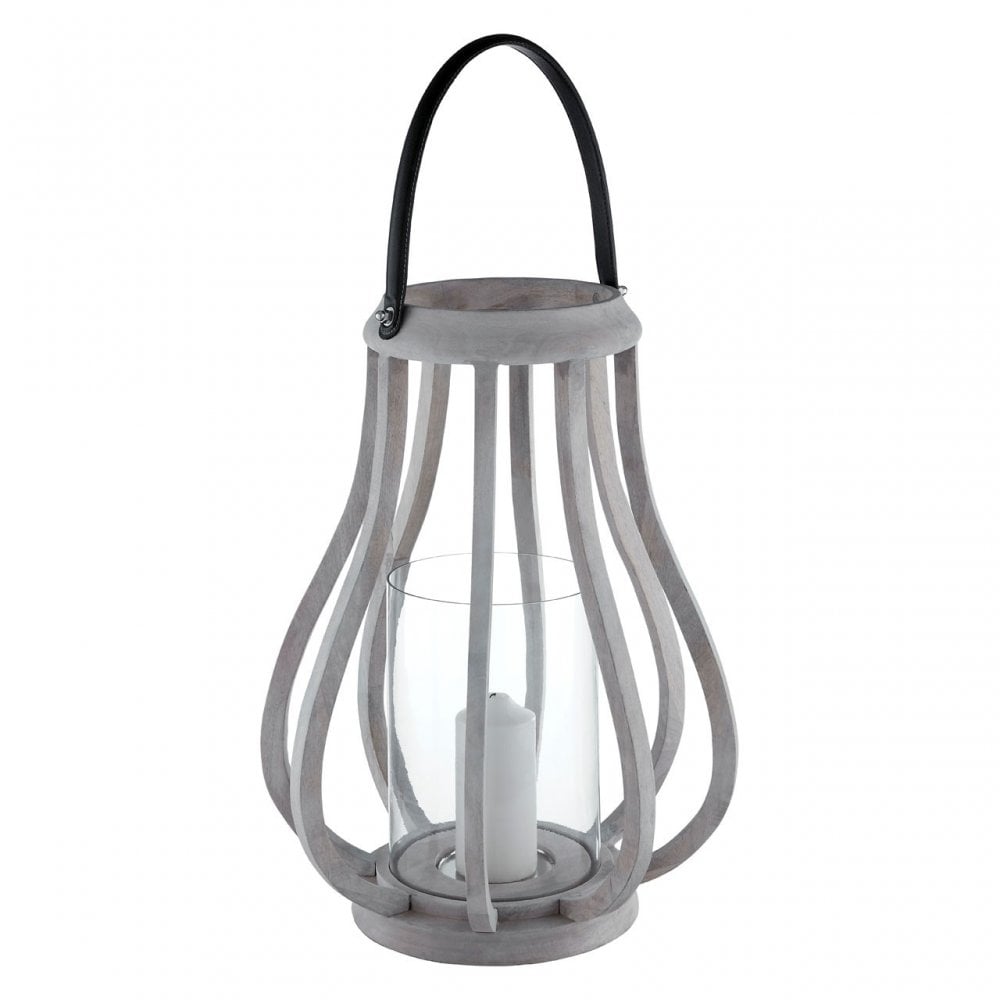 Jain Curved Wood Lantern, Leather, Glass, Mango Wood