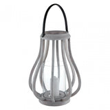 Jain Curved Wood Lantern, Leather, Glass, Mango Wood
