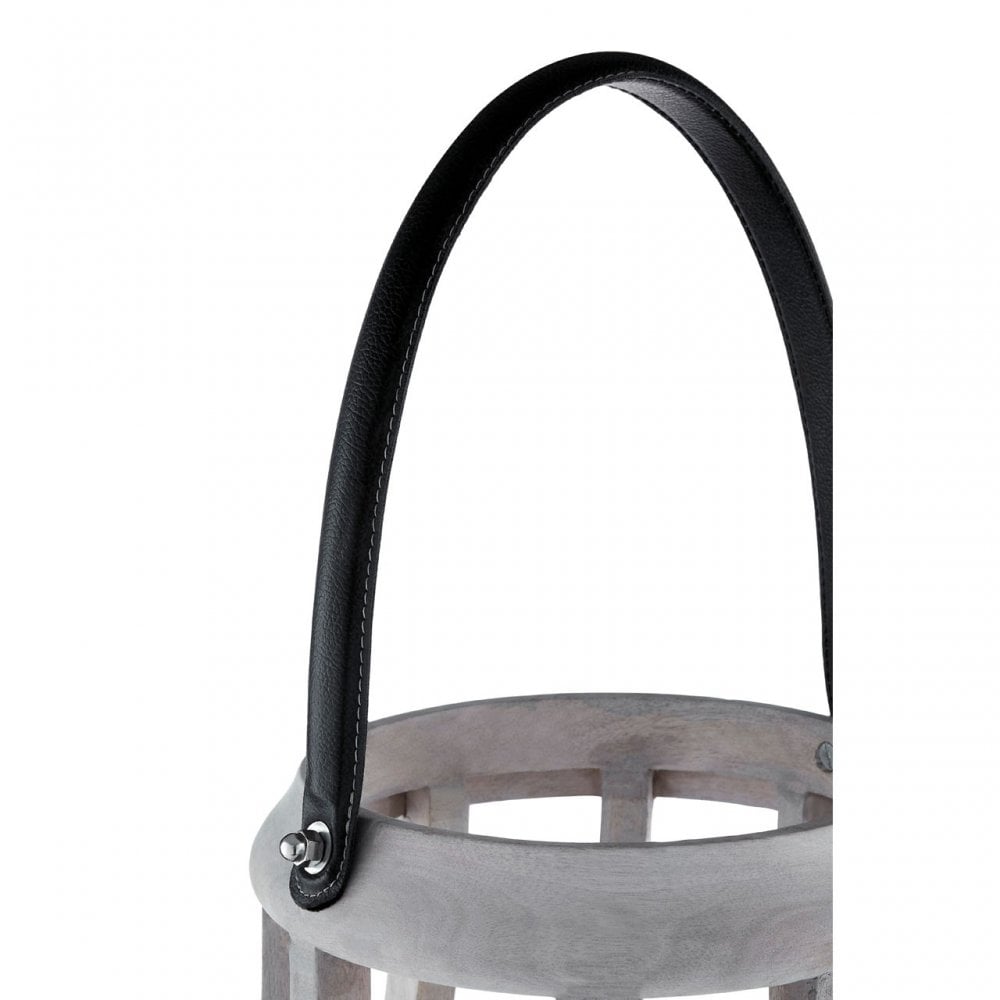 Jain Curved Wood Lantern, Leather, Glass, Mango Wood