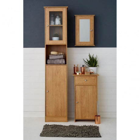 Portland Floor Standing Cabinet, Glass, Melamine, Oak Veneer, Particle Board, Natural