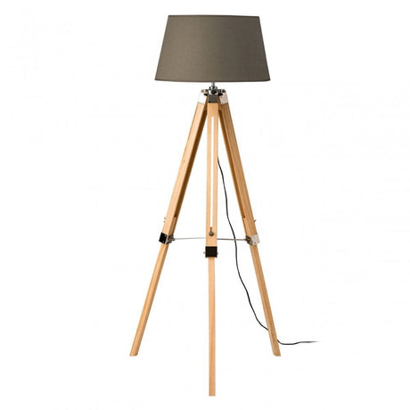 Tripod Grey Shade Floor Lamp with EU Plug, Wood, Grey