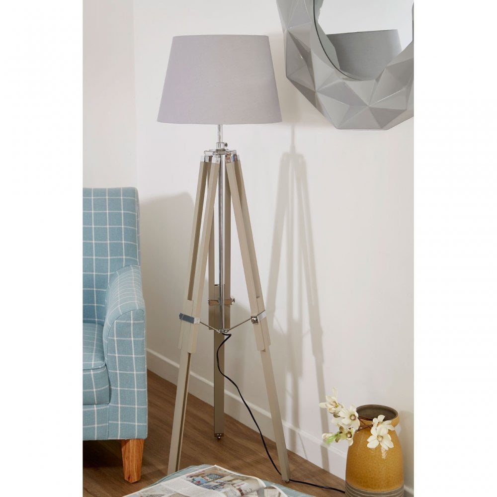 Jasper Floor Lamp, Chromed Fabric, Wood, Grey