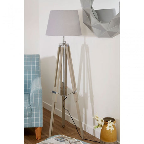 Jasper Floor Lamp, Chromed Fabric, Wood, Grey