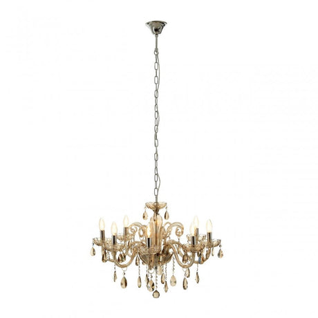 Murano 8 Bulb Chrome / Cognac Glass Chandelier, Chrome, Glass, Iron, K9 Crystal, Silver