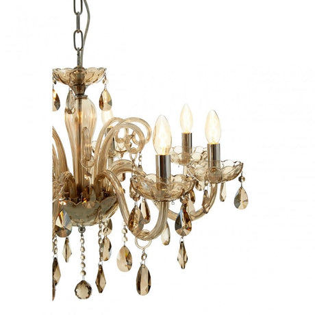 Murano 8 Bulb Chrome / Cognac Glass Chandelier, Chrome, Glass, Iron, K9 Crystal, Silver