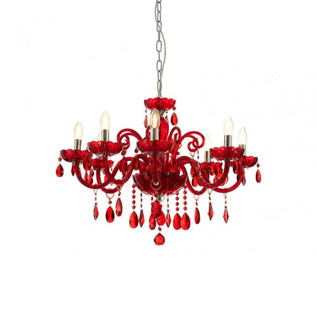 Murano Chrome and Red Crystal Glass Chandelier, Chrome, Glass, Iron, K9 Crystal, Red