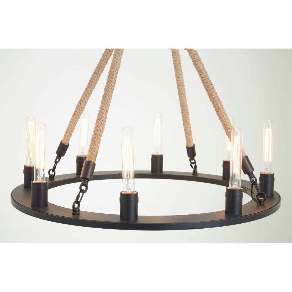 Townhouse 8 Bulb Chandelier, Iron, Linen Rope, Black