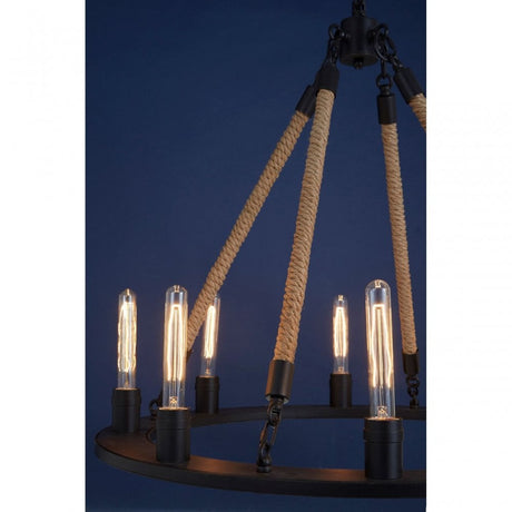 Townhouse 8 Bulb Chandelier, Iron, Linen Rope, Black
