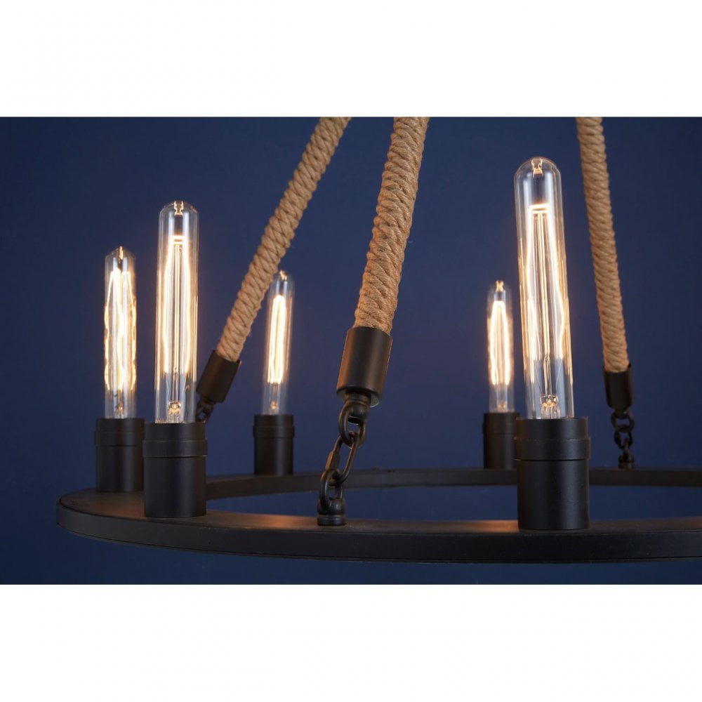 Townhouse 8 Bulb Chandelier, Iron, Linen Rope, Black