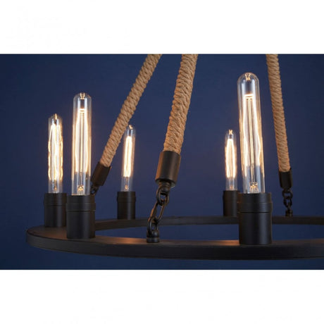 Townhouse 8 Bulb Chandelier, Iron, Linen Rope, Black
