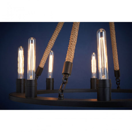 Townhouse 8 Bulb Chandelier, Iron, Linen Rope, Black