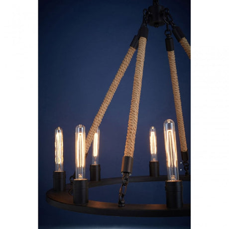 Townhouse 8 Bulb Chandelier, Iron, Linen Rope, Black