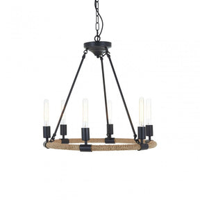 Townhouse 6 Bulb Chandelier, Iron, Linen Rope, Black