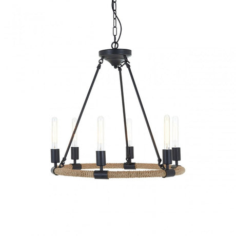 Townhouse 6 Bulb Chandelier, Iron, Linen Rope, Black