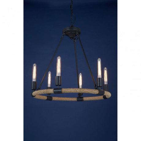 Townhouse 6 Bulb Chandelier, Iron, Linen Rope, Black