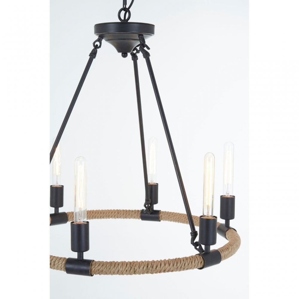 Townhouse 6 Bulb Chandelier, Iron, Linen Rope, Black