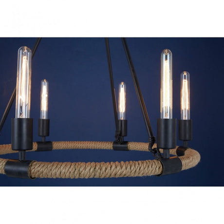 Townhouse 6 Bulb Chandelier, Iron, Linen Rope, Black